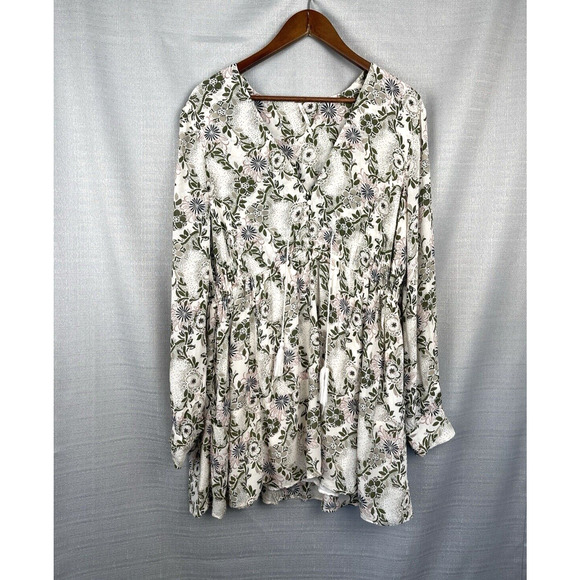 Free People Stealing Fire Dress Womens Size L Cream Green Floral Babydoll Boho - Picture 2 of 8